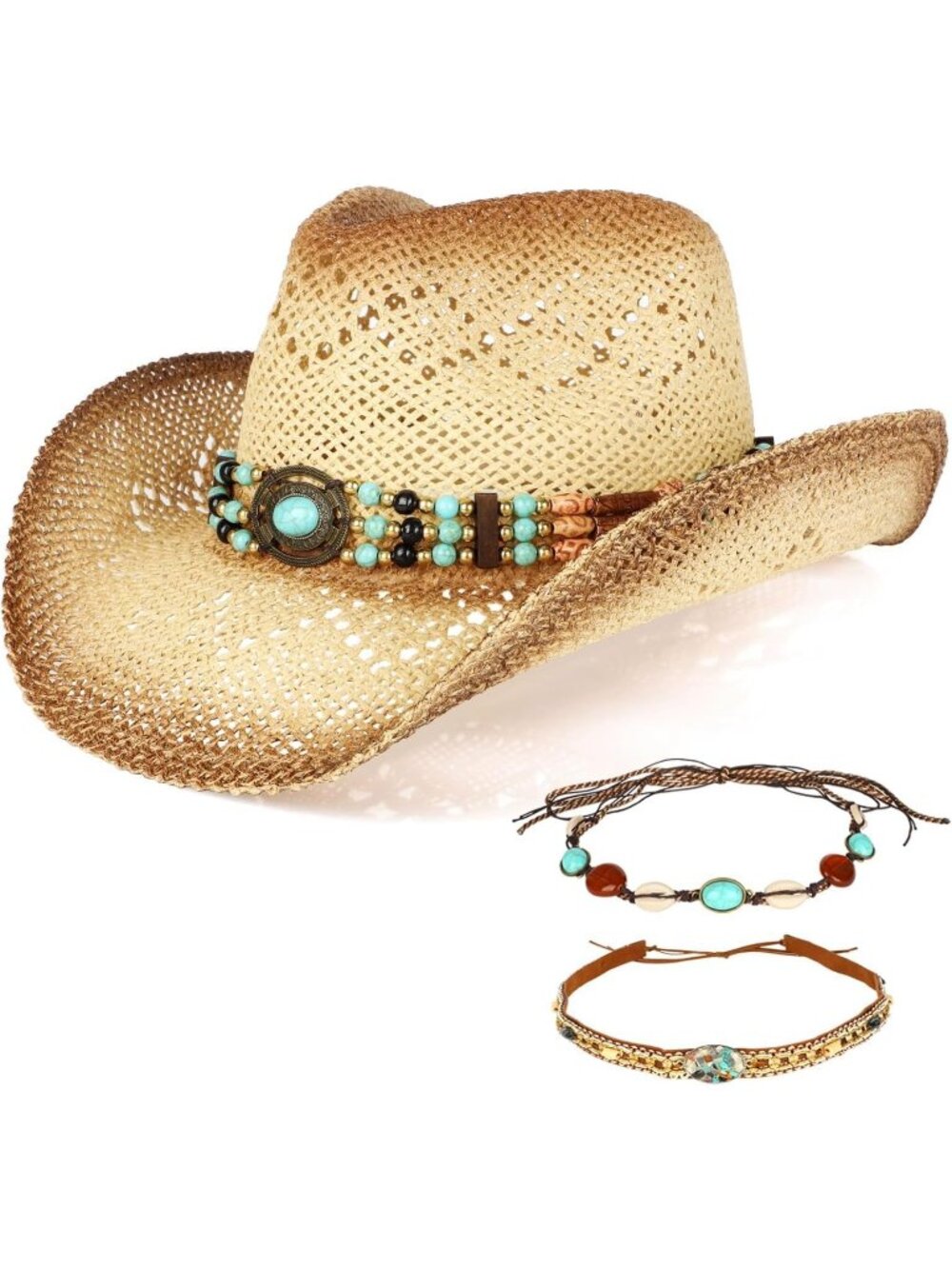Men's Beige & Brown Synthetic straw 3 Decorative Band Western Cowboy Hat